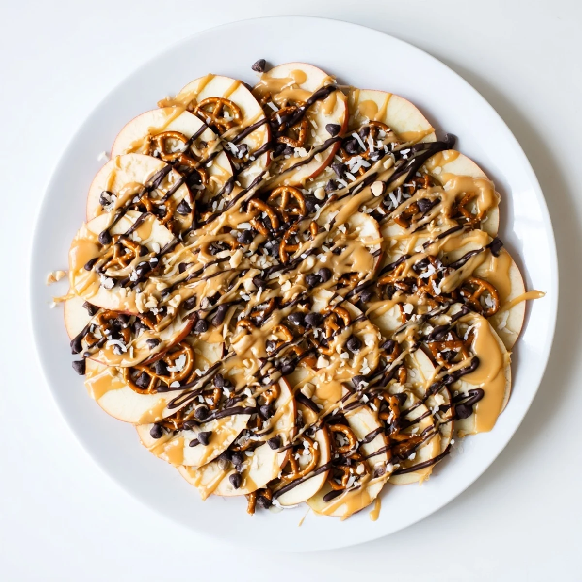 Fresh apple nachos with peanut butter and chocolate drizzle on a white serving platter