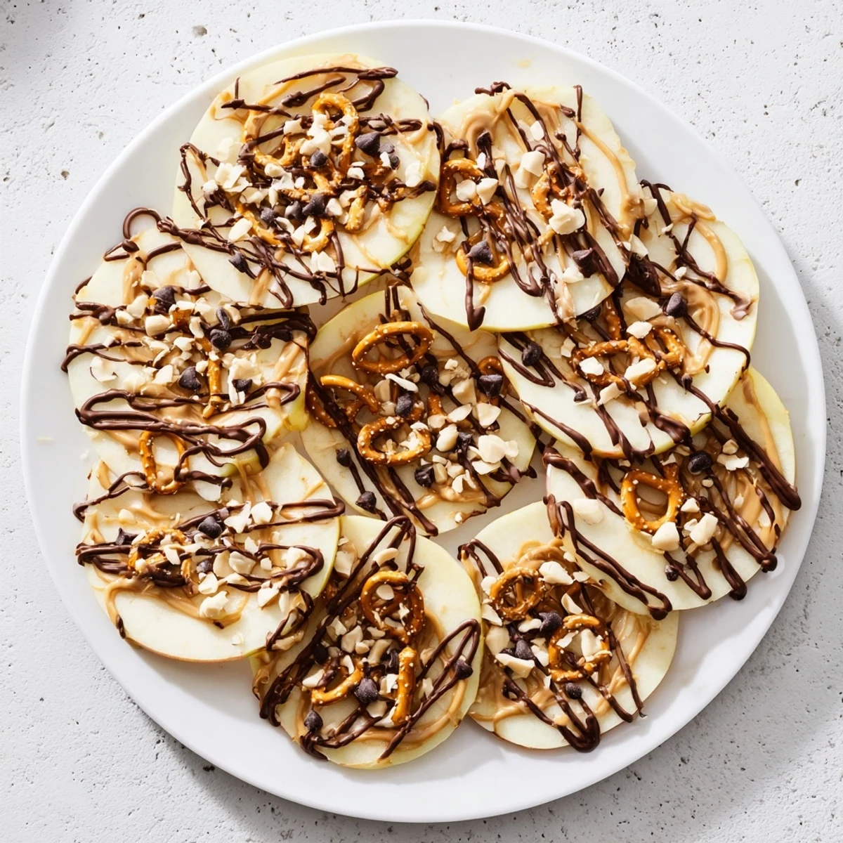 Colorful plate of apple nachos featuring warm chocolate and peanut butter drizzles over fruit