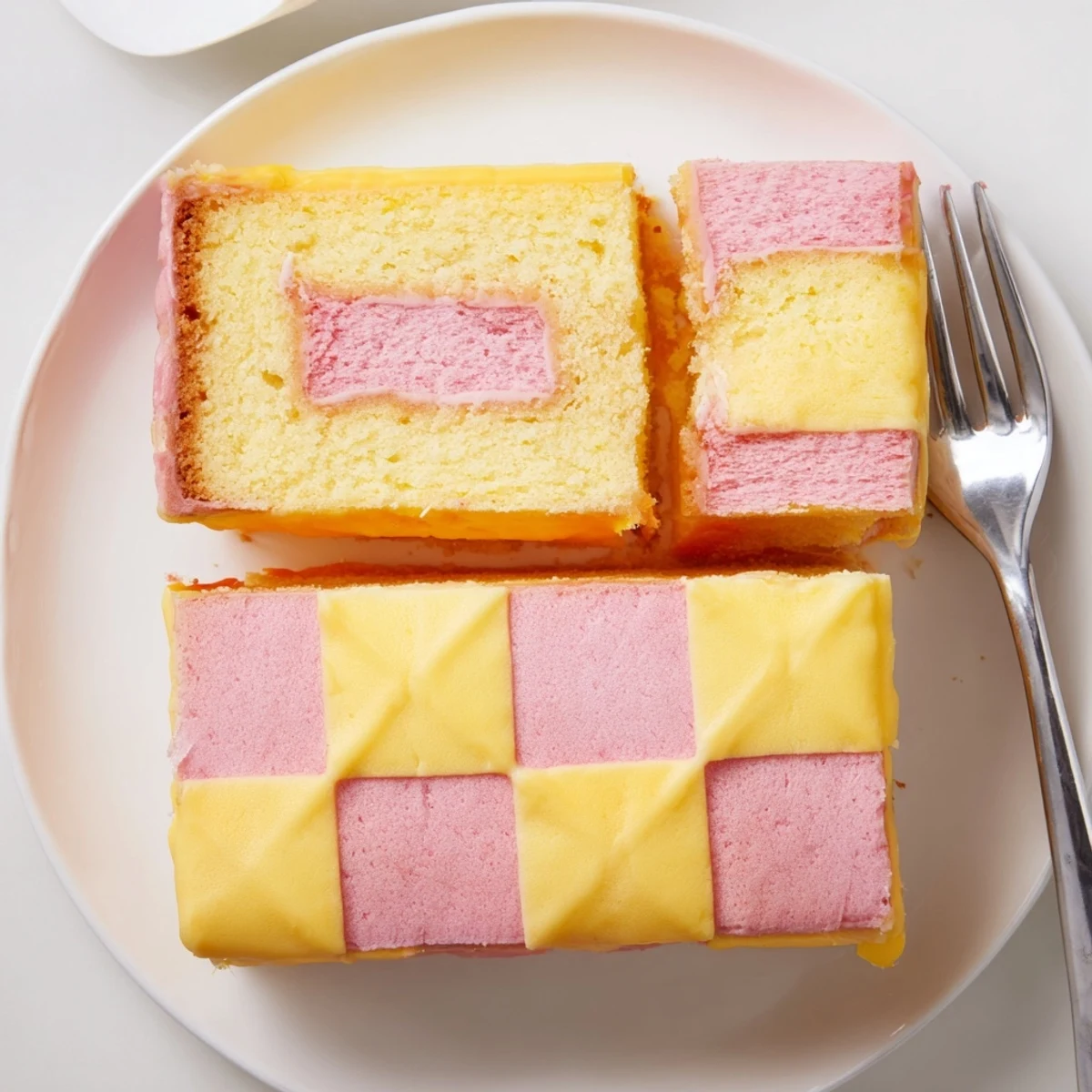 Homemade Battenberg Cake with alternating colored sponges layered with apricot jam and almond coating