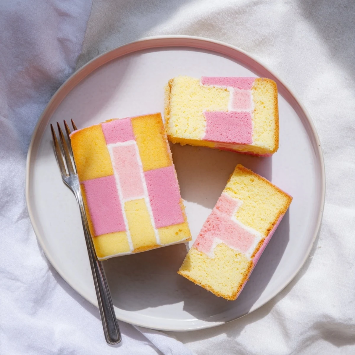 Classic Battenberg Cake showcasing pink and yellow checkerboard sponge wrapped in smooth marzipan