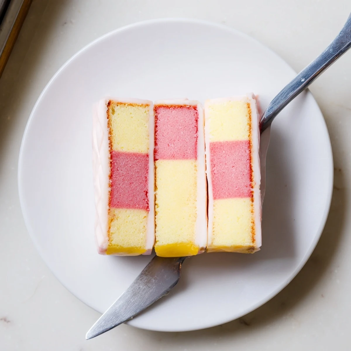 British Battenberg Cake sliced to reveal signature checkerboard pattern beneath sweet marzipan exterior