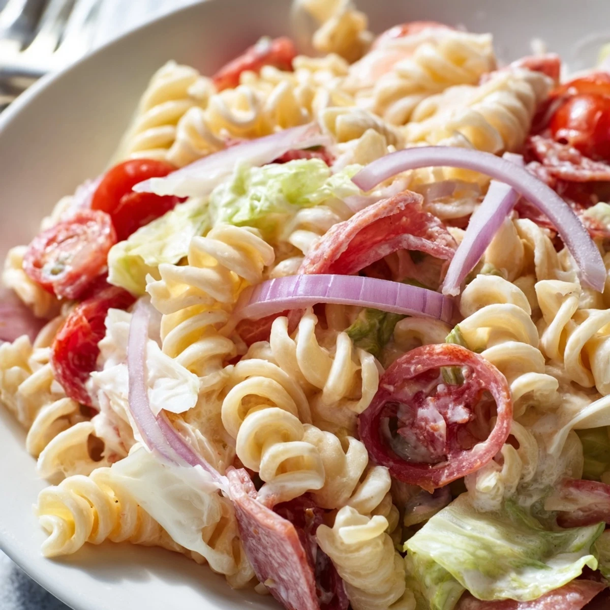 Colorful grinder pasta salad bowl with rotini, salami, provolone, and crisp red onions