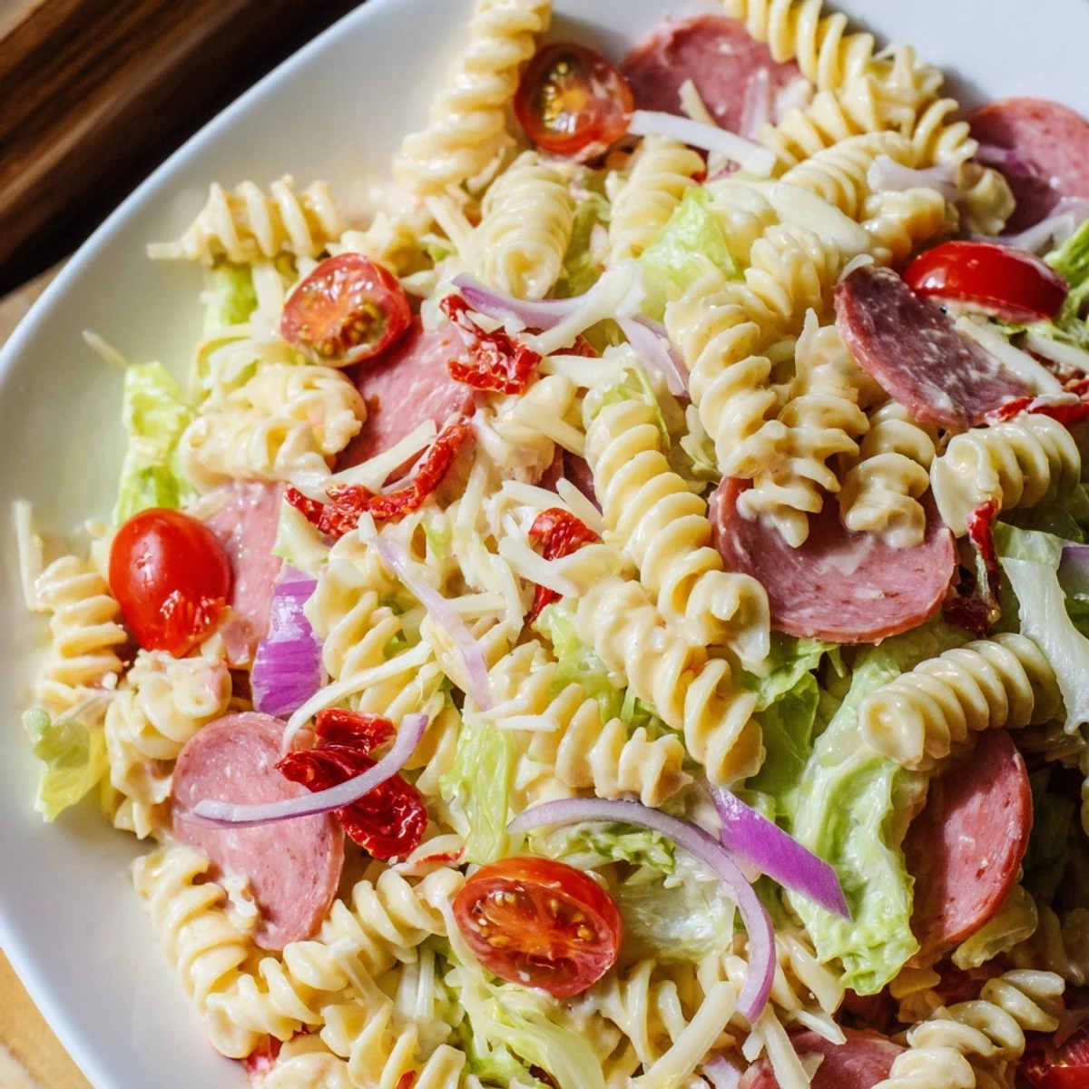 Hearty grinder pasta salad tossed in creamy dressing with roasted peppers and cherry tomatoes