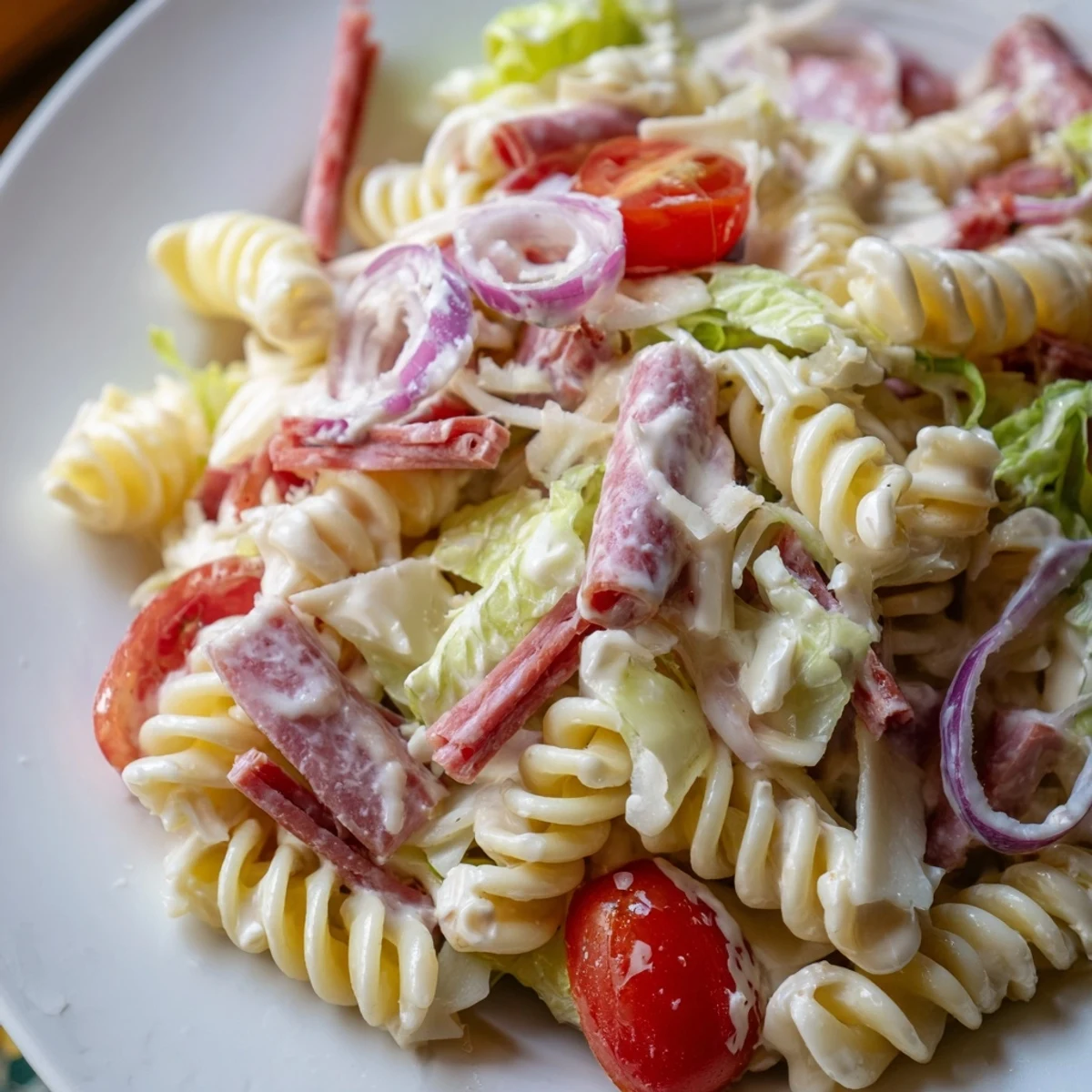 Zesty grinder pasta salad featuring ham, pepperoncini, and shredded lettuce in a serving bowl