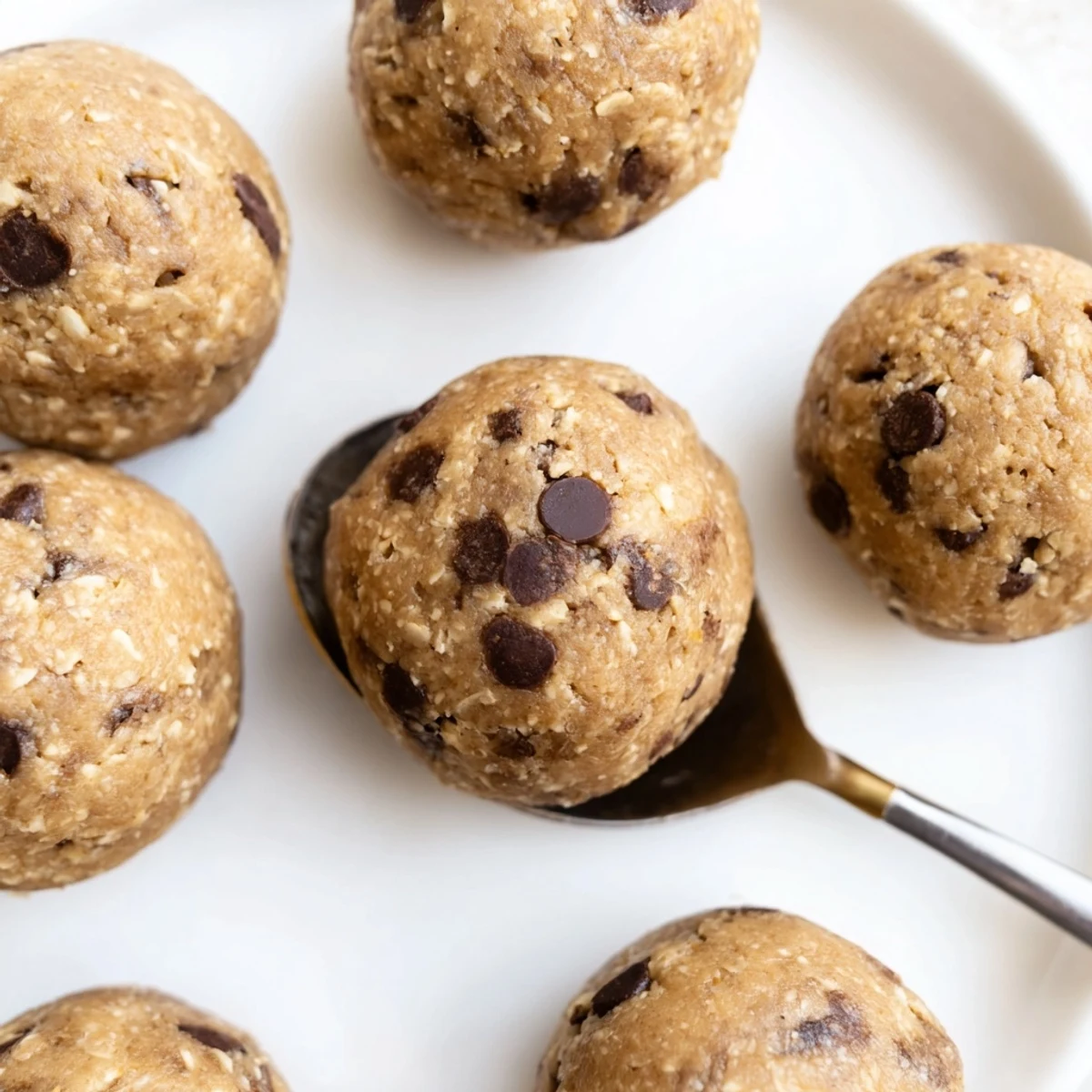 Homemade chocolate chip cookie dough protein balls with visible oat flour and chocolate chip speckles
