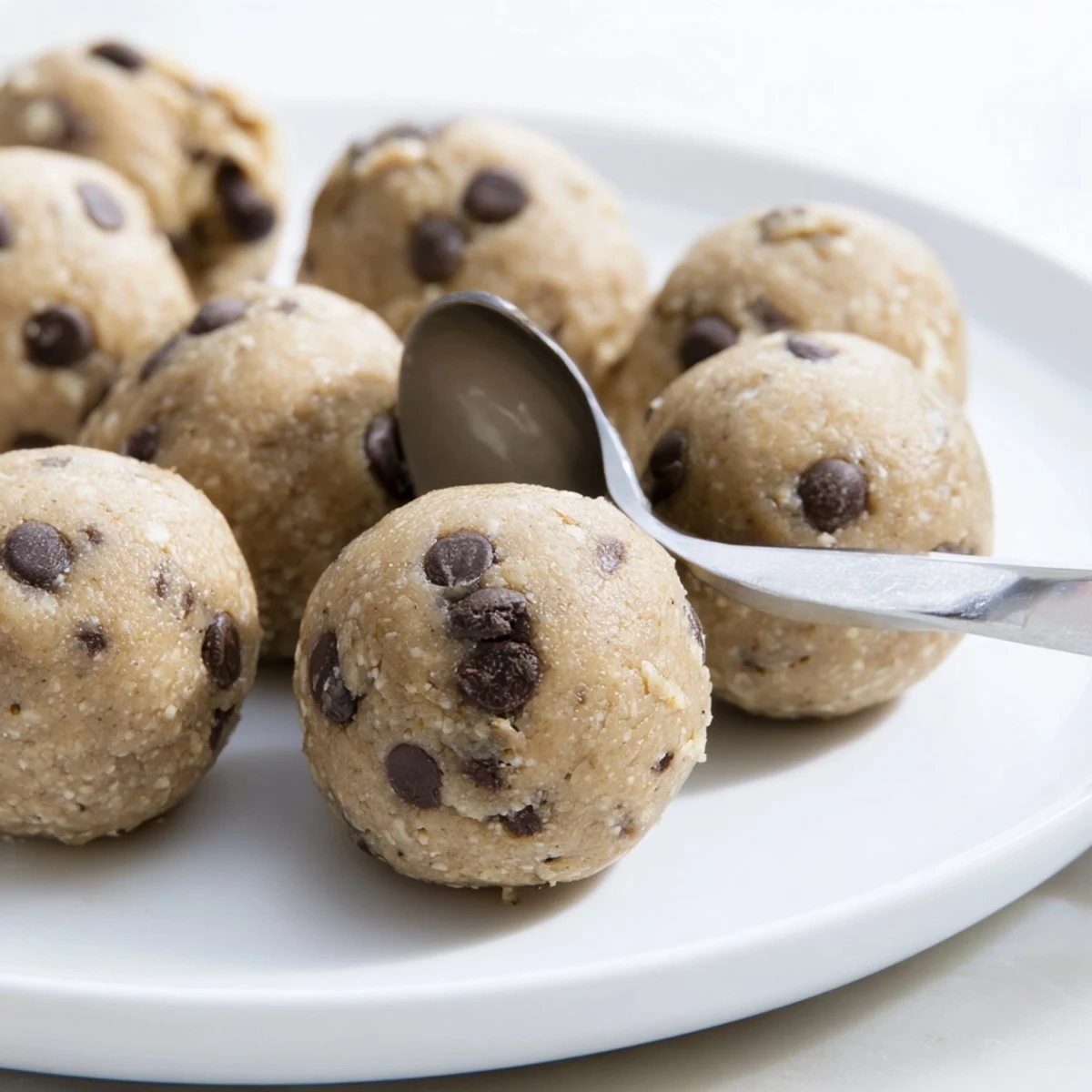 No-bake chocolate chip cookie dough protein balls ready for healthy snacking in a glass storage container