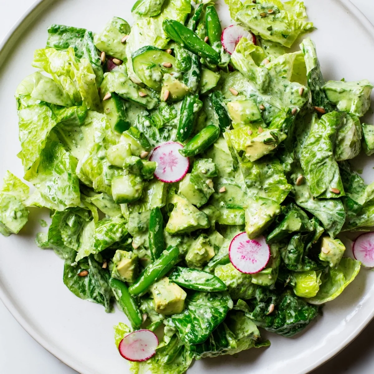 Vibrant fresh Green Goddess Salad bowl featuring crisp lettuce, avocado, and colorful vegetables drizzled with creamy homemade dressing.