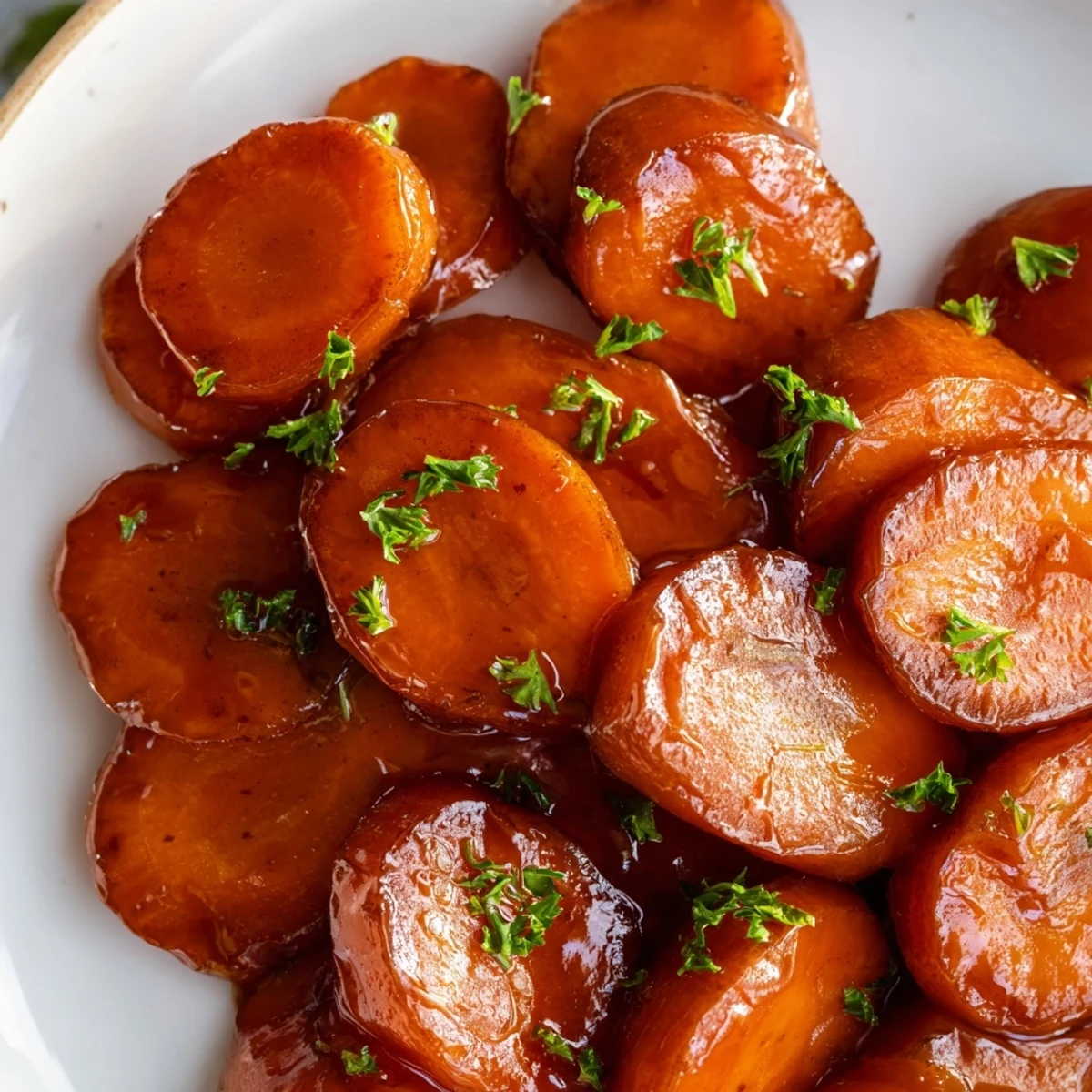 Golden brown sugar glazed carrots glistening with buttery syrup on a white serving platter