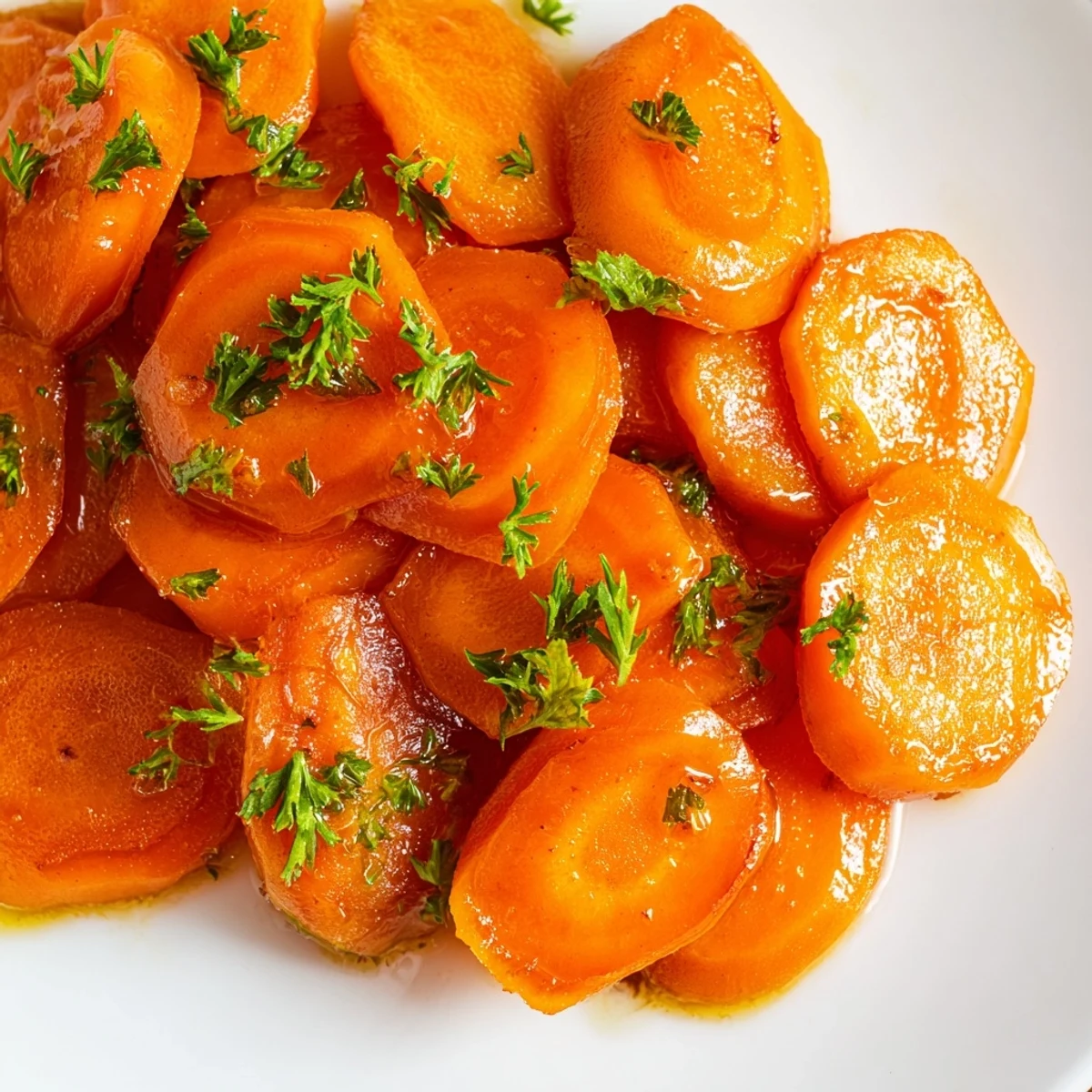 Tender carrot slices coated in shiny brown sugar glaze garnished with fresh green parsley