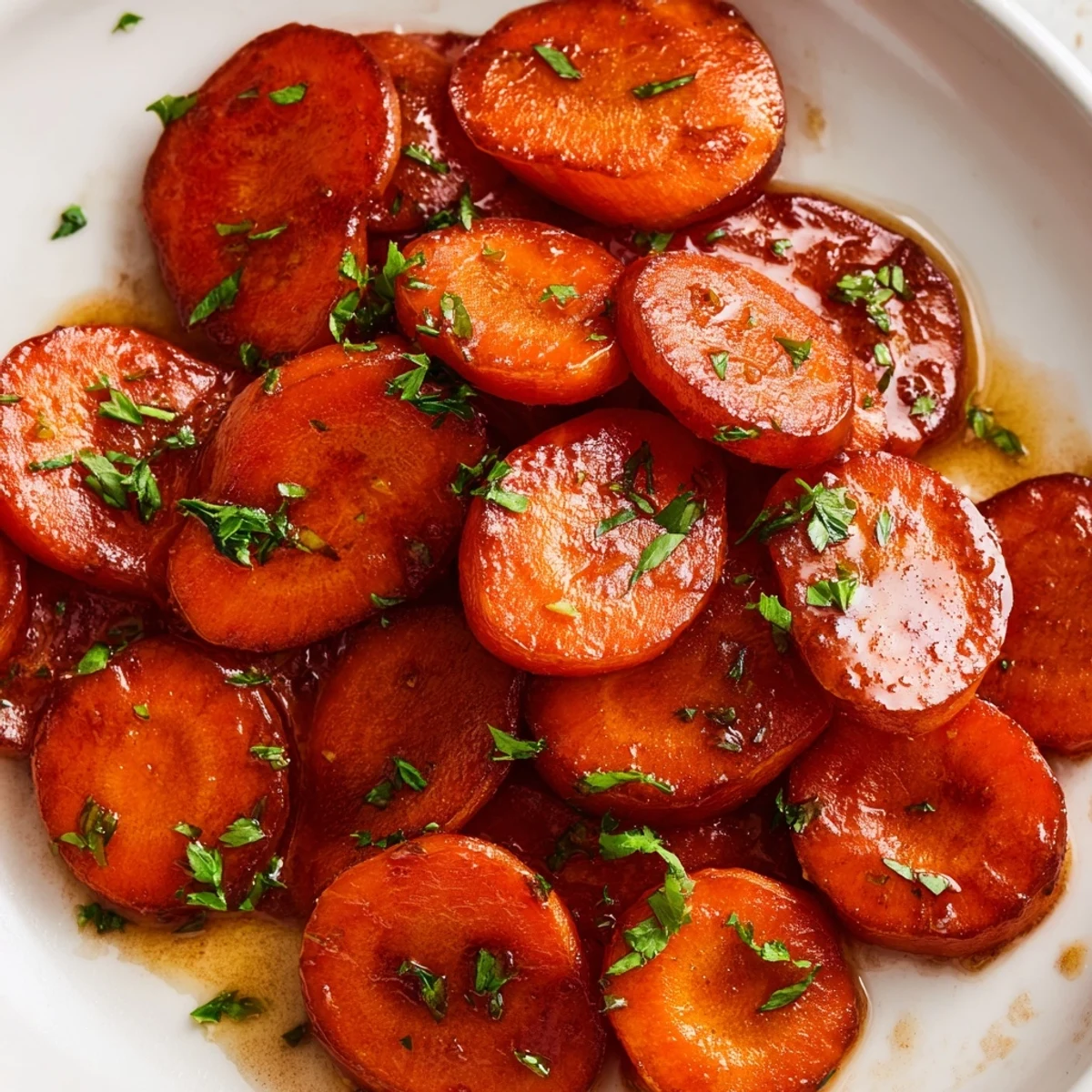 Close up of easy brown sugar glazed carrots swimming in sweet buttery cinnamon sauce