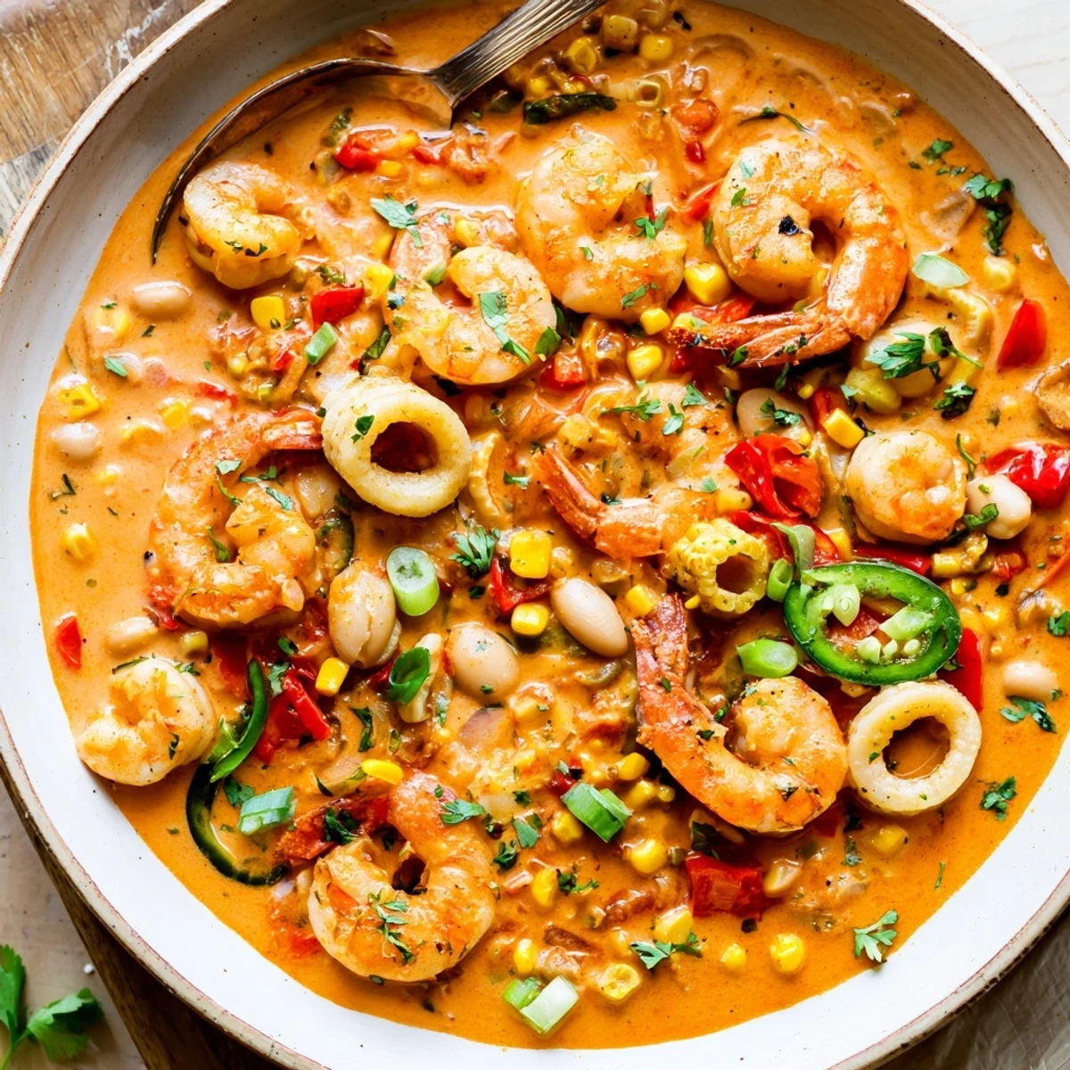 Creamy seafood and shrimp chili garnished with fresh cilantro and lime wedges in a white bowl