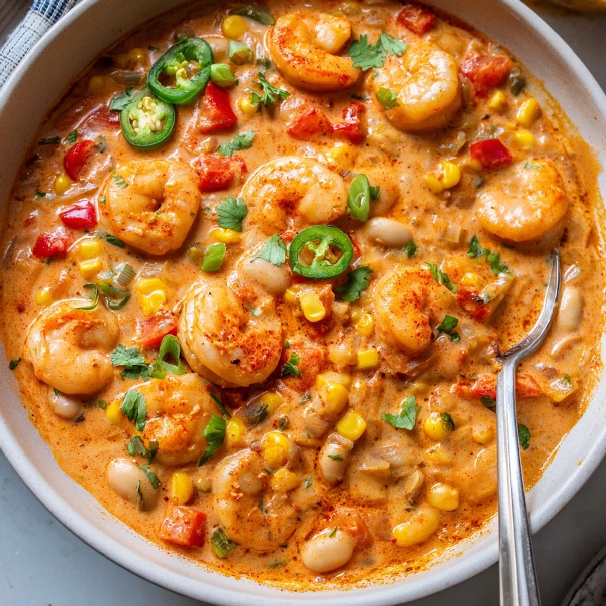 Bowl of rich creamy seafood and shrimp chili topped with green onions and served with crusty bread