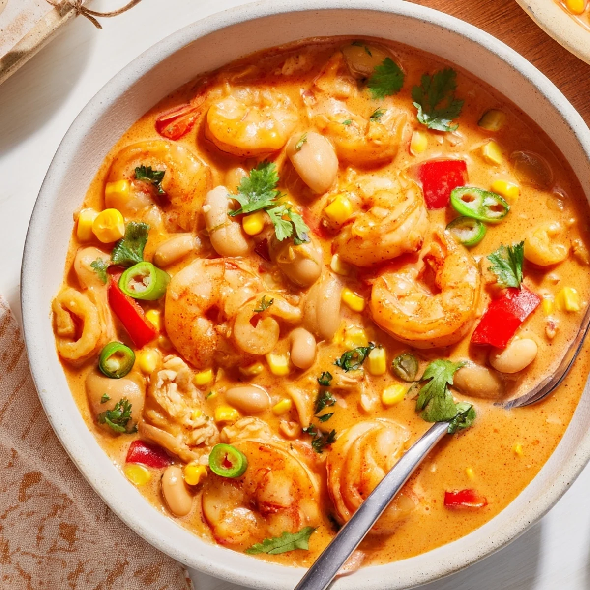 Steaming pot of creamy seafood and shrimp chili loaded with tender shrimp, corn, and white beans