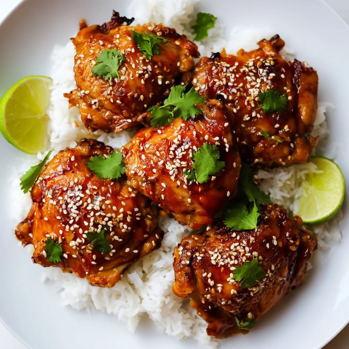 Golden glazed chicken pieces coated in spicy maple sauce atop fluffy white coconut rice