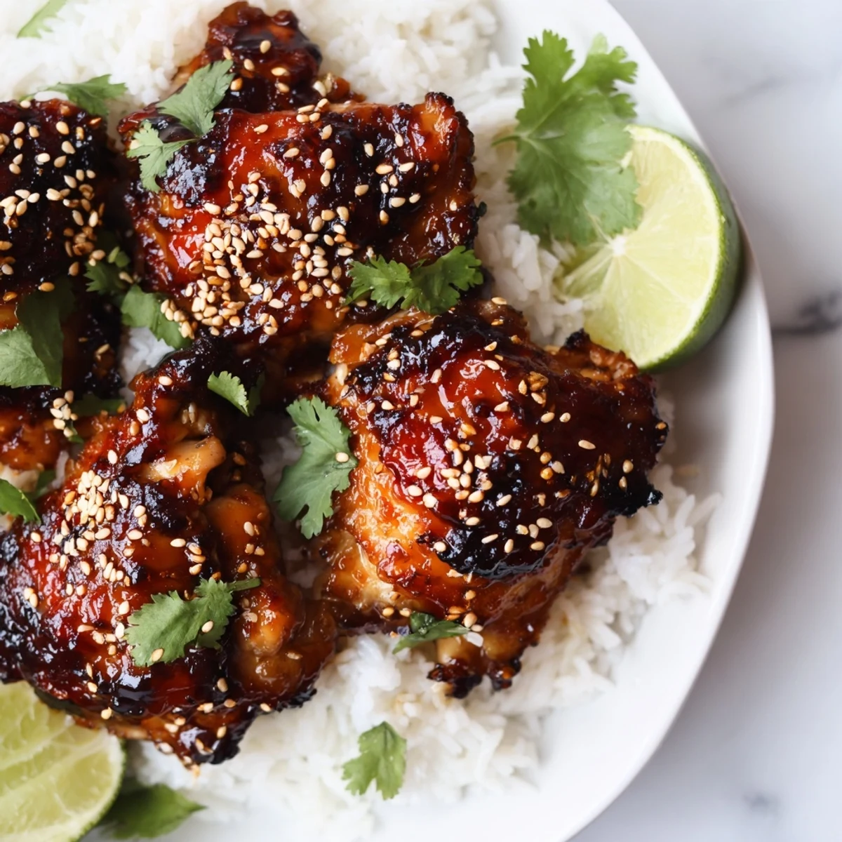 Close-up of tender spicy maple chicken served over steaming fragrant coconut rice in a bowl