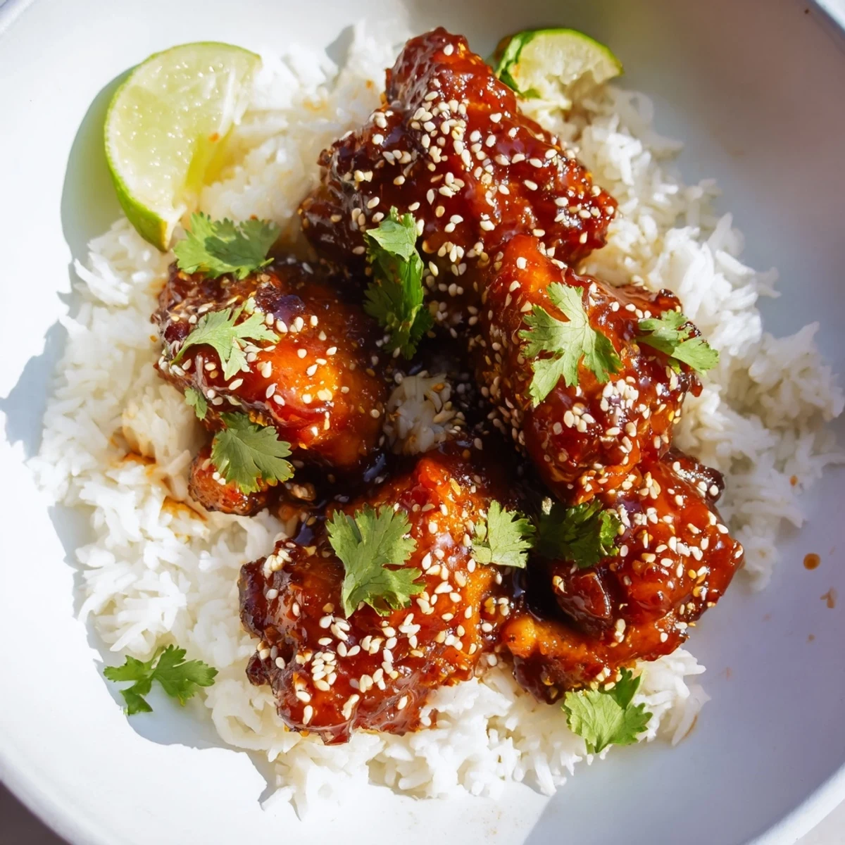 Plate of caramelized chicken thighs with sweet spicy maple glaze over creamy coconut rice garnished with cilantro