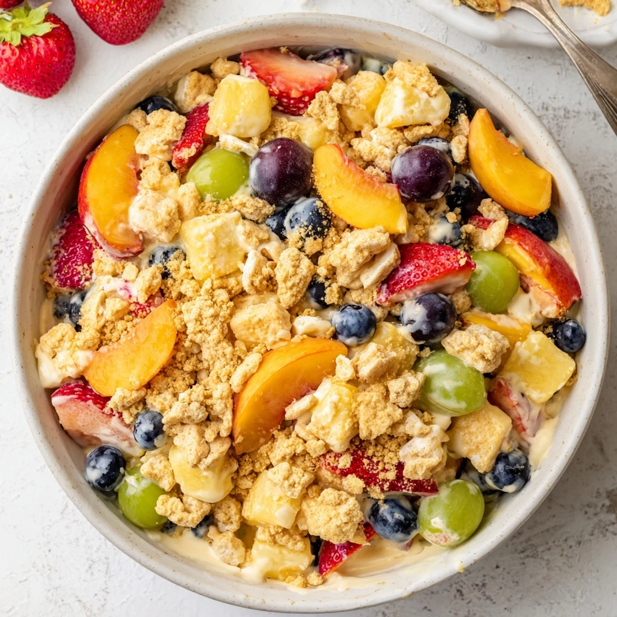 Creamy peach cobbler cheesecake fruit salad topped with golden cinnamon crumbles and fresh summer berries