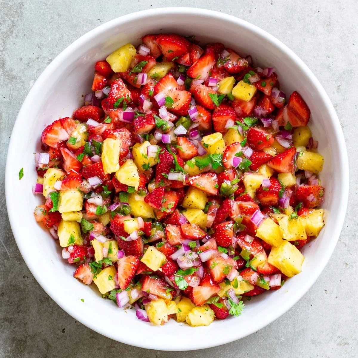 Colorful bowl of strawberry pineapple salsa topped with fresh cilantro served alongside crispy tortilla chips for dipping