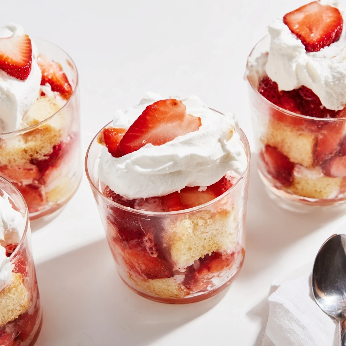 Golden strawberry shortcake cups layered with juicy macerated berries and fluffy whipped cream in clear glass dessert cups