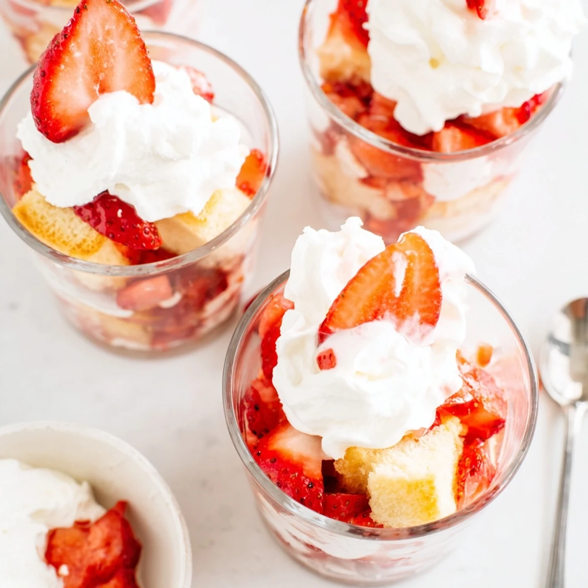 Individual strawberry shortcake cups featuring tender baked biscuits topped with sweet strawberries and vanilla cream in portable servings