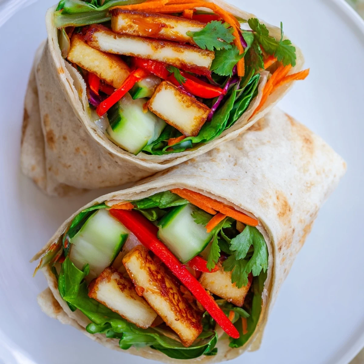 Golden brown halloumi cheese slices wrapped with colorful julienned vegetables and sweet chili sauce