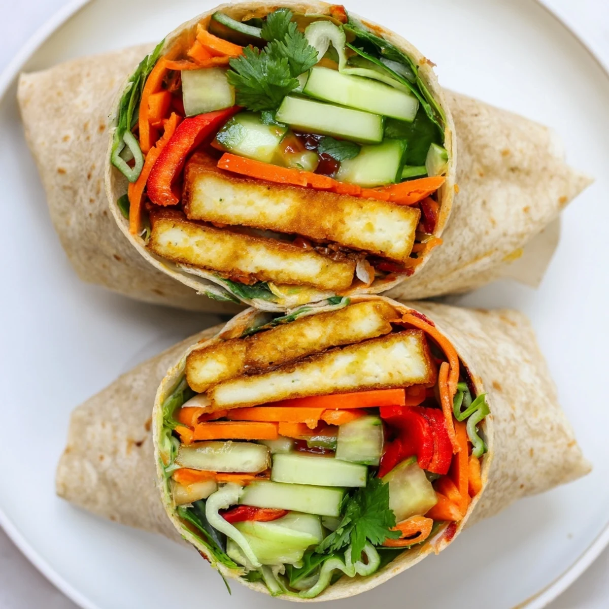 Warm flour tortilla filled with crispy fried halloumi, crunchy bell peppers, and tangy sweet chili glaze