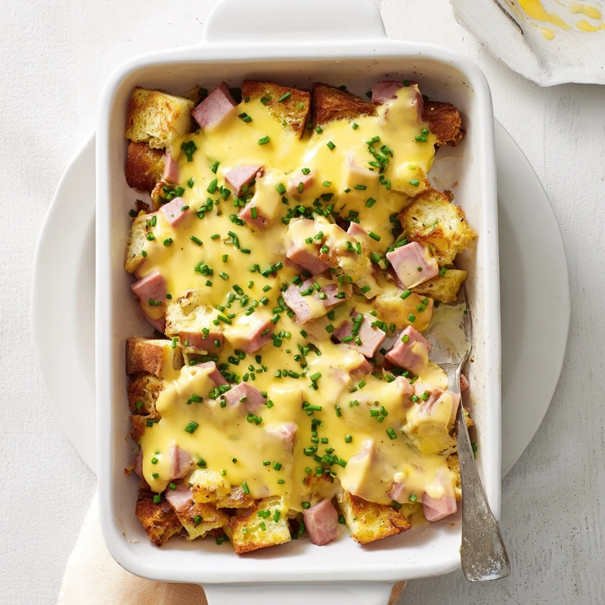Golden baked Eggs Benedict Casserole with creamy hollandaise sauce drizzled over the top