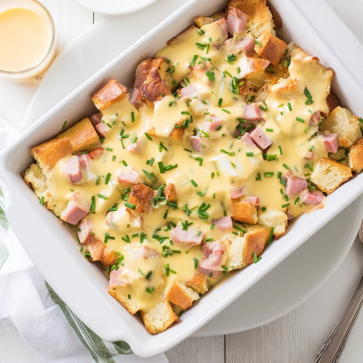 Savory breakfast casserole featuring layered English muffins, Canadian bacon, and fluffy baked eggs