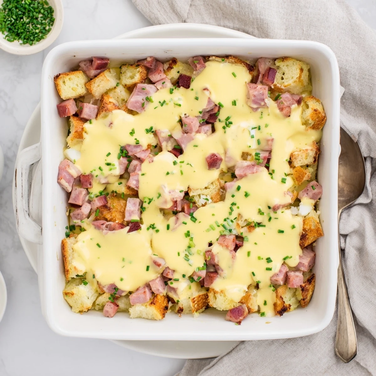 Crowd-pleasing brunch dish with golden crust and rich hollandaise sauce generously poured over slices