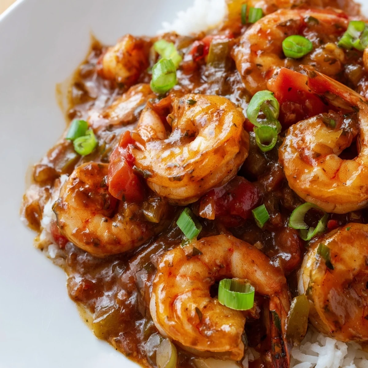 Creamy shrimp étouffee plated over steaming white rice with fresh green onion garnish