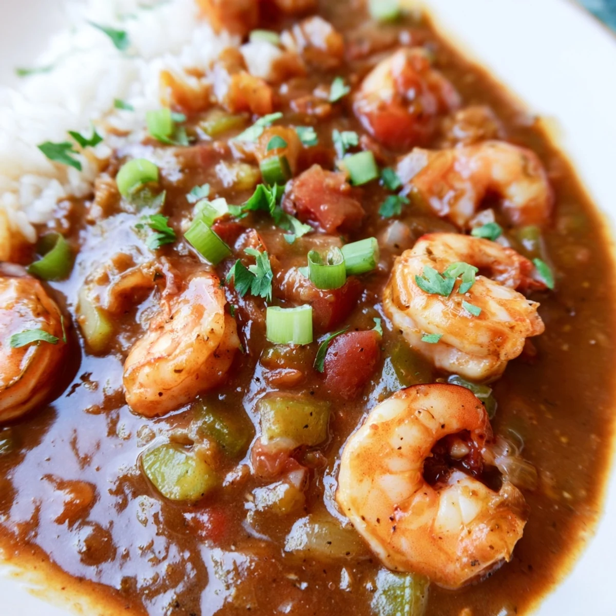 Golden roux-based shrimp étouffee featuring tender shrimp in spicy Cajun sauce over fluffy rice