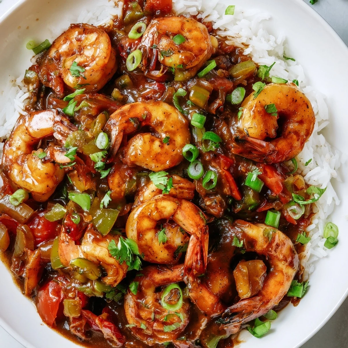 Classic Louisiana shrimp étouffee served in a white bowl with chopped parsley and lemon
