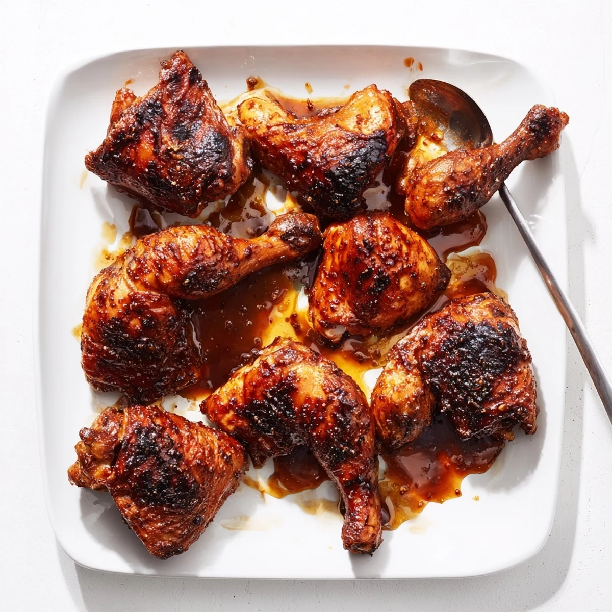 Tender roasted chicken pieces coated in ginger garlic soy sauce served on white platter