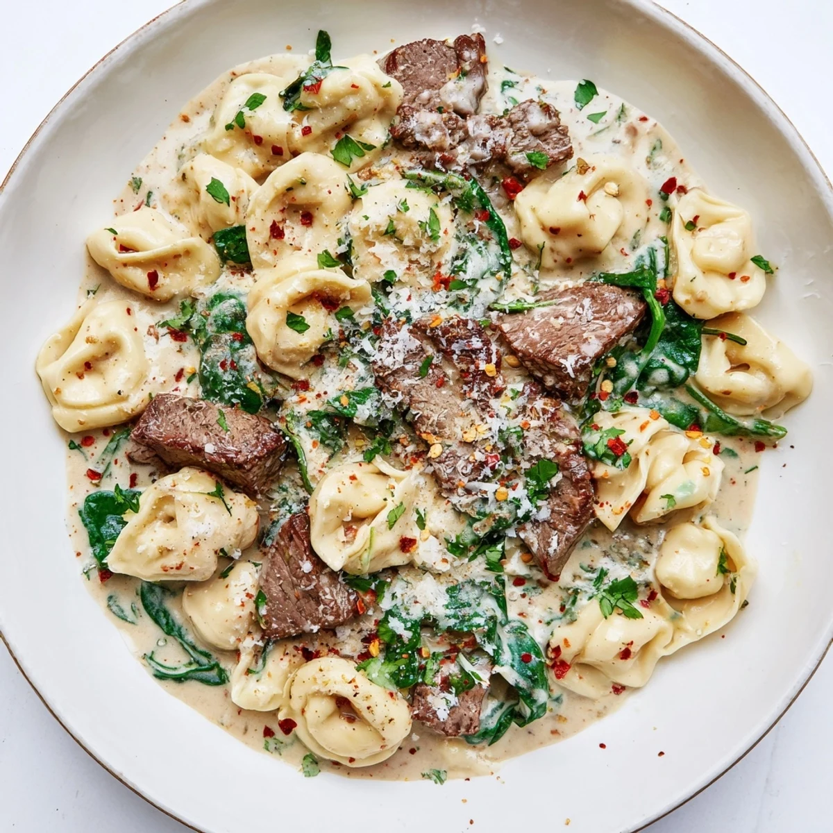 Garlic steak tortellini in creamy Parmesan sauce topped with fresh parsley and grated cheese