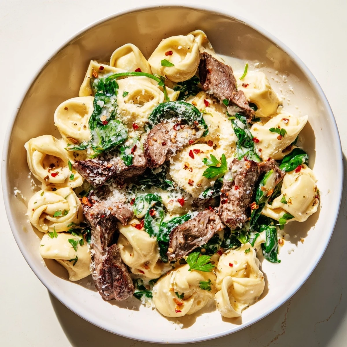 Succulent steak strips and cheese tortellini tossed in rich garlicky cream sauce with spinach