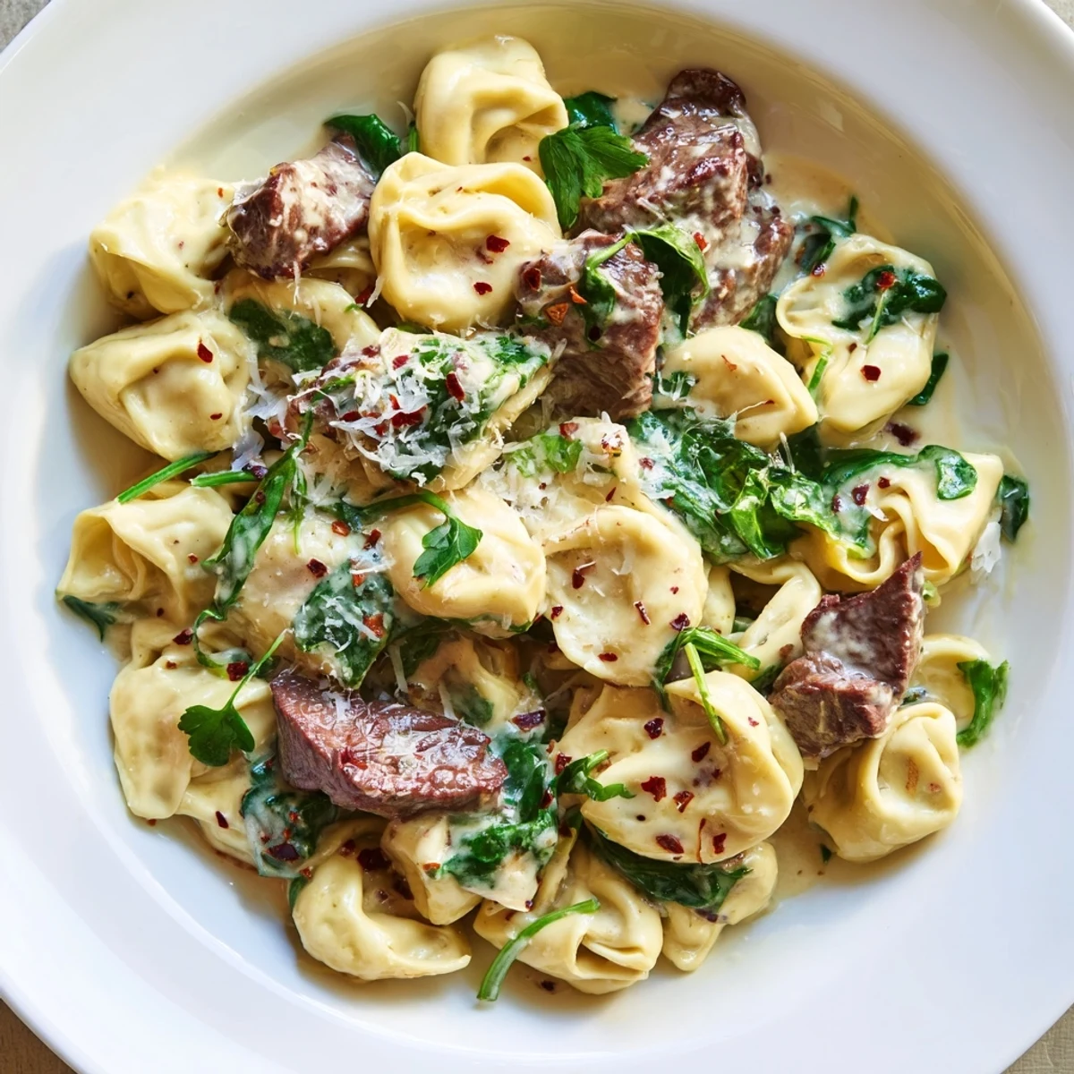 Plate of garlic steak tortellini with tender beef, pillowy pasta, and golden Parmesan garnish