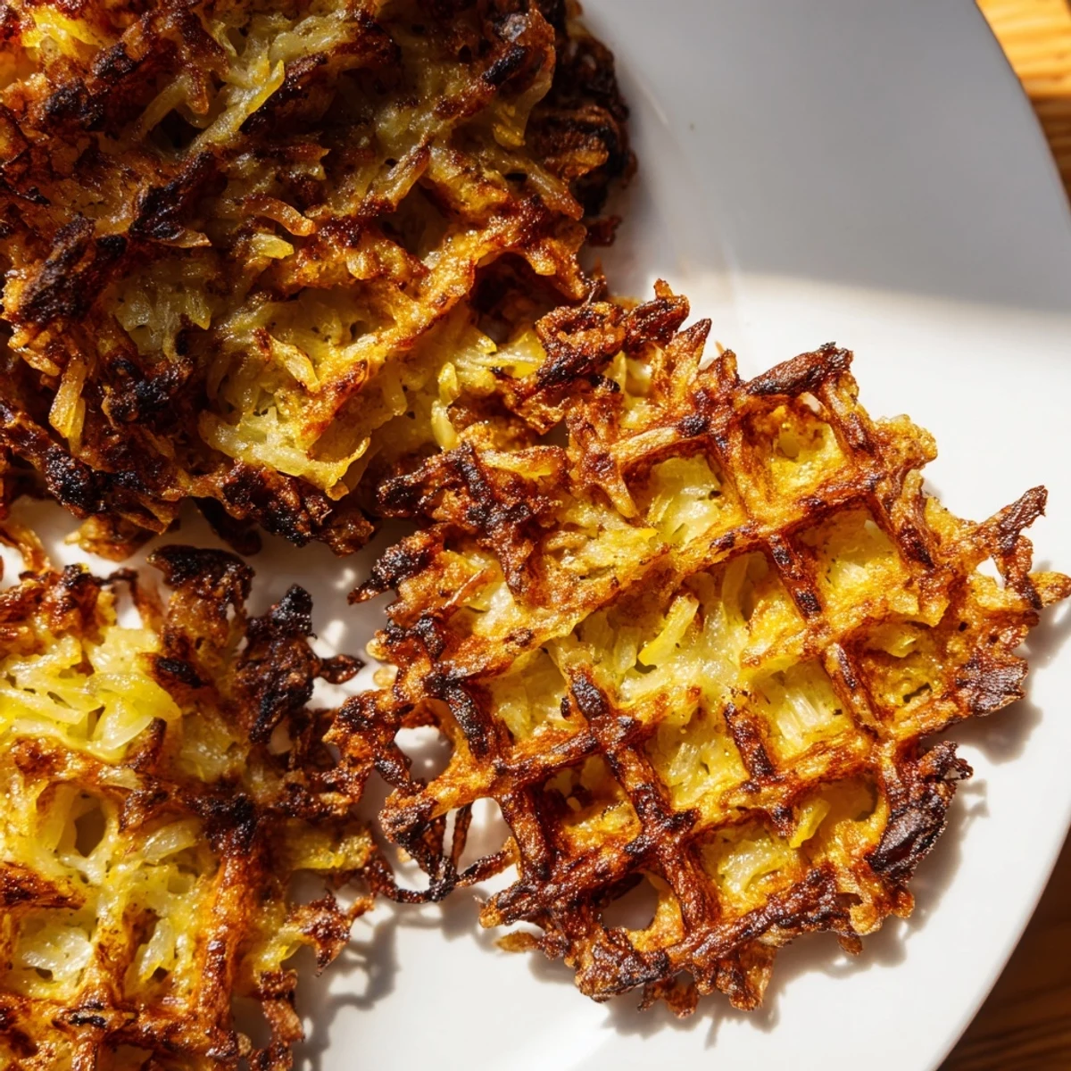 Golden crispy waffle iron hashbrowns with deep ridges and a perfectly crunchy exterior texture