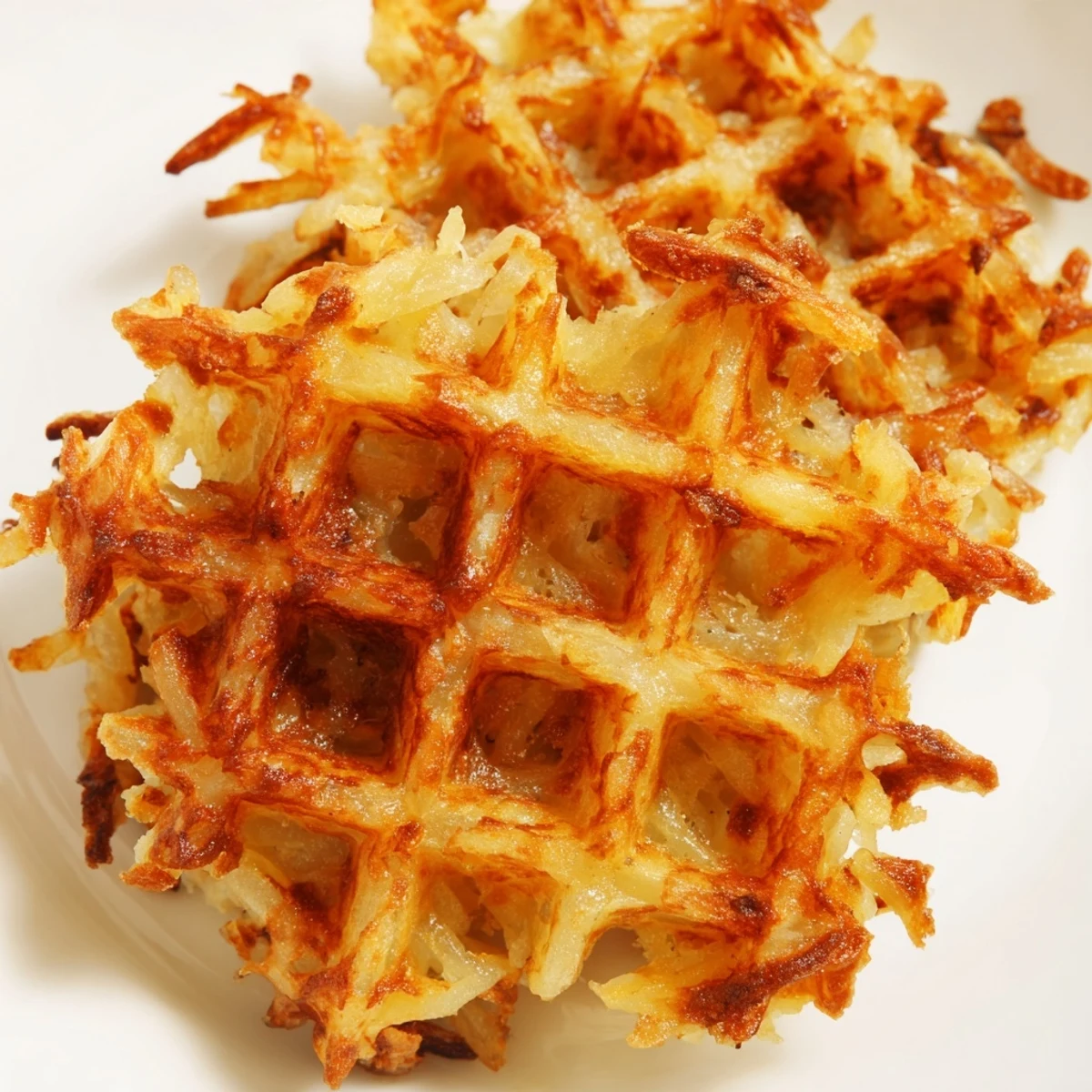 Close-up of waffle iron hashbrowns showing their distinct waffle pattern and golden brown crispy edges ready for breakfast