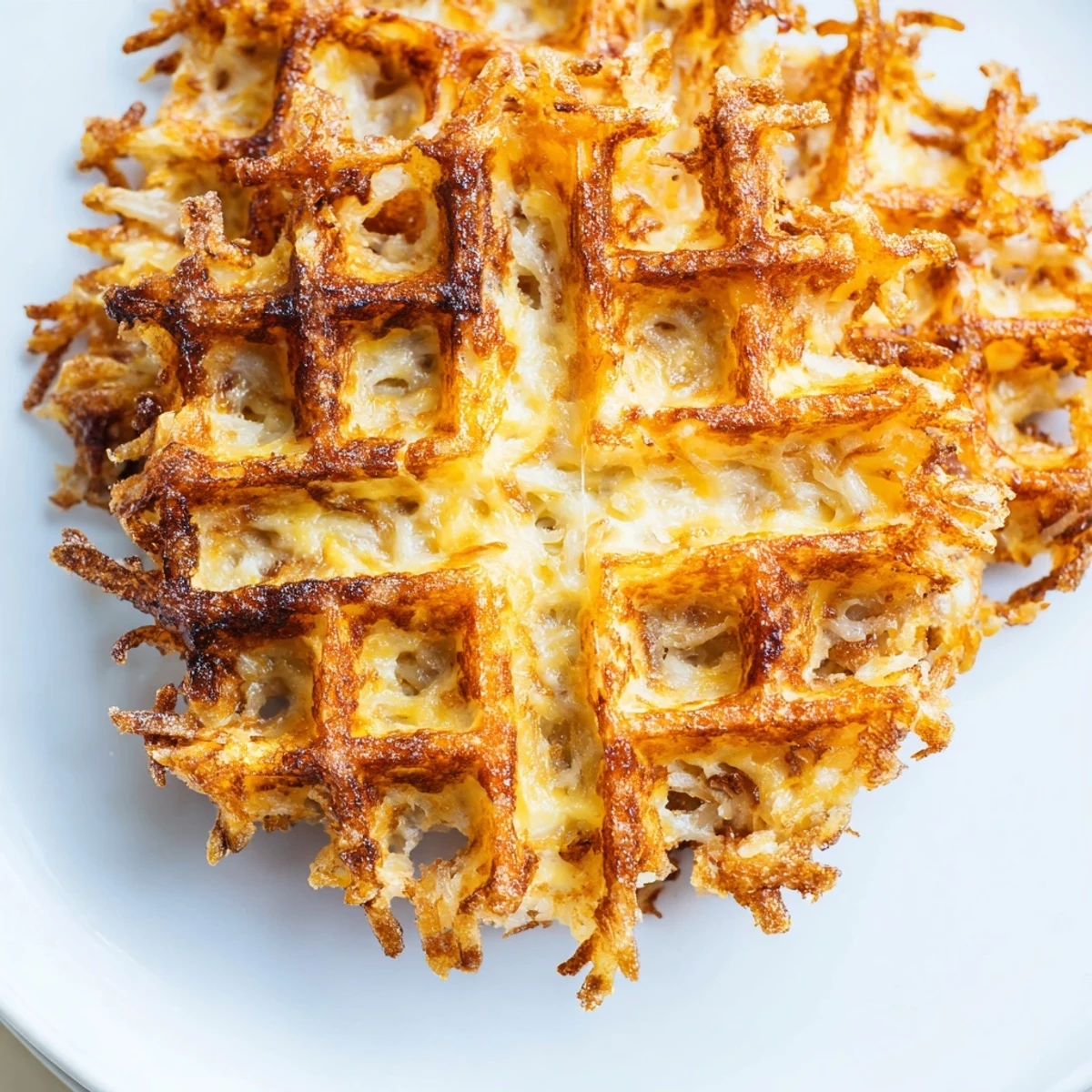 Crispy waffle iron hashbrowns arranged on a white plate with melted butter dripping over the golden potato lattice
