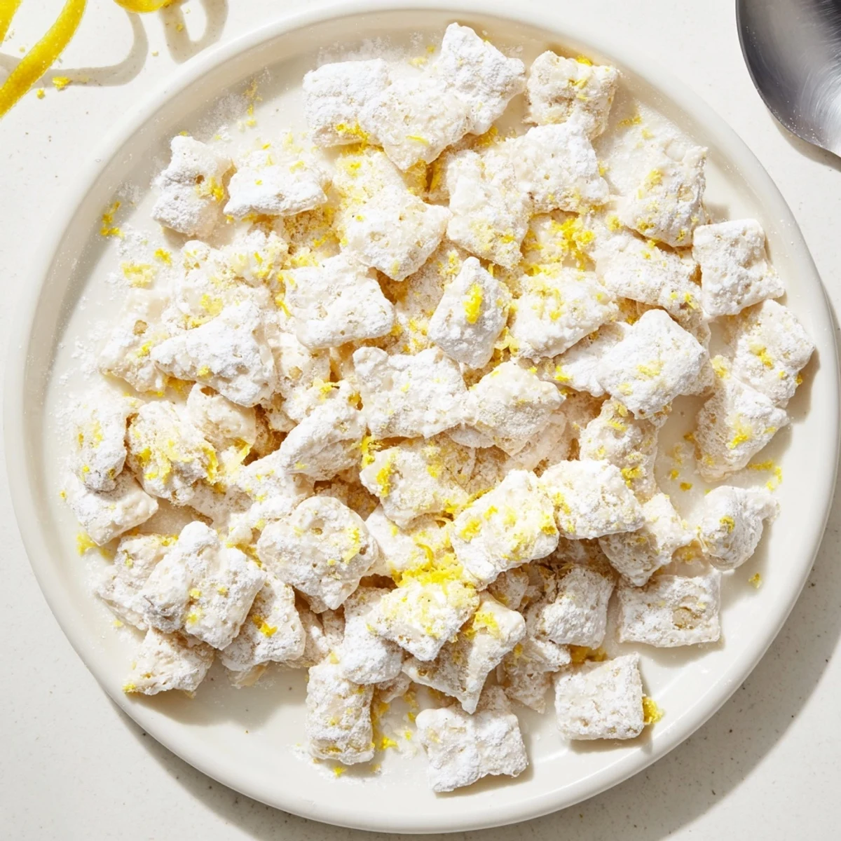 Bowl of lemonade puppy chow snack with white chocolate coated cereal dusted in powdered sugar
