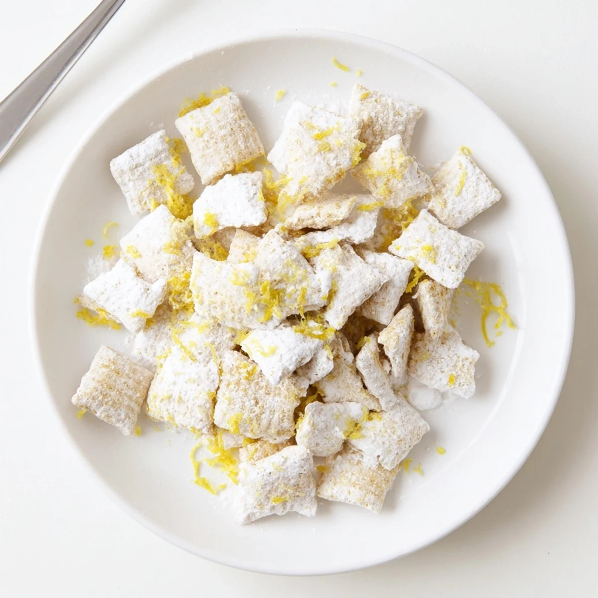 Close up of lemonade puppy chow snack showing white chocolate drizzle over crispy cereal pieces