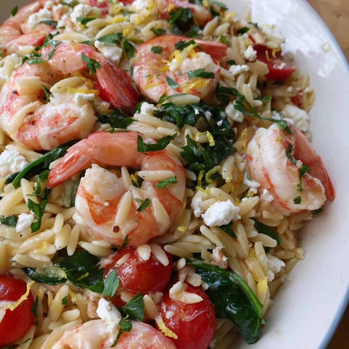 Creamy lemon feta orzo shrimp plated with fresh herbs and crumbled feta cheese topping
