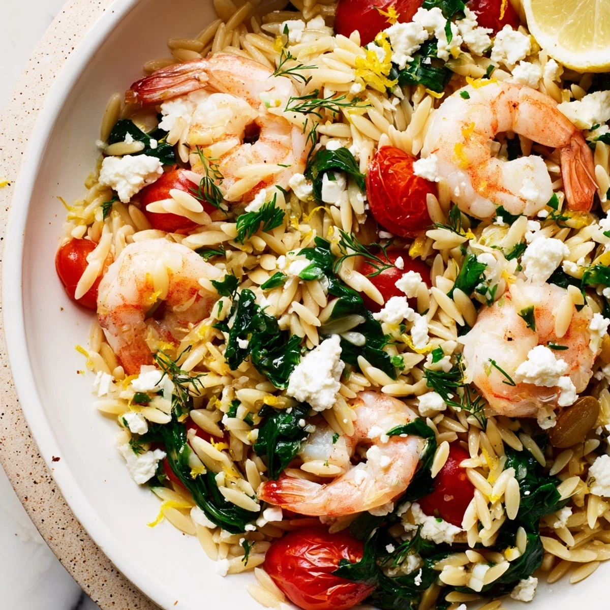 Mediterranean shrimp orzo tossed with zesty lemon, spinach, and tomatoes in a white bowl