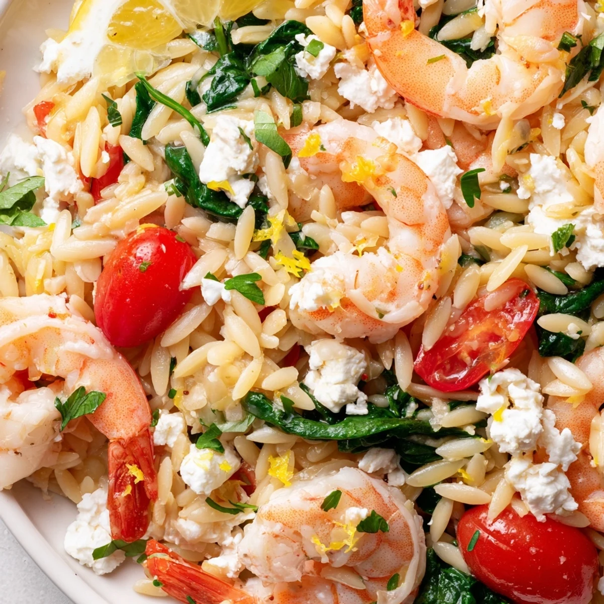 Golden seared shrimp served over lemon feta orzo with vibrant cherry tomatoes and parsley