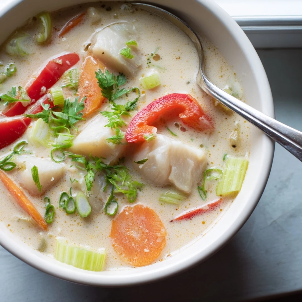 Creamy coconut lime fish soup garnished with fresh cilantro and green onions in white bowls
