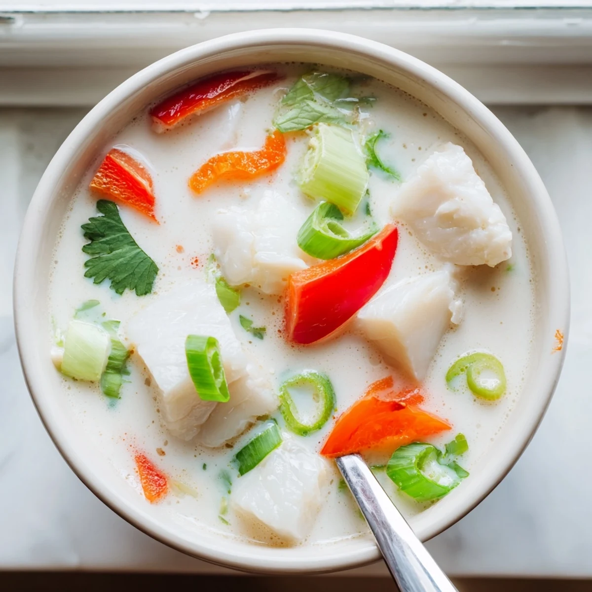 Tender white fish pieces simmered in silky coconut milk broth with colorful vegetables and lime zest