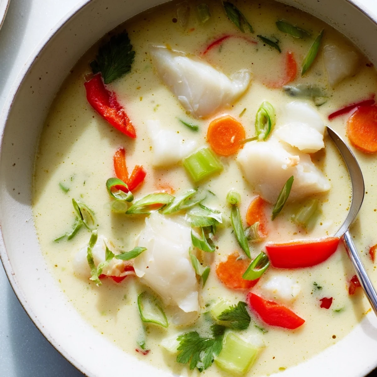 Steaming bowl of coconut lime fish soup with red pepper slices and cilantro sprinkled on top
