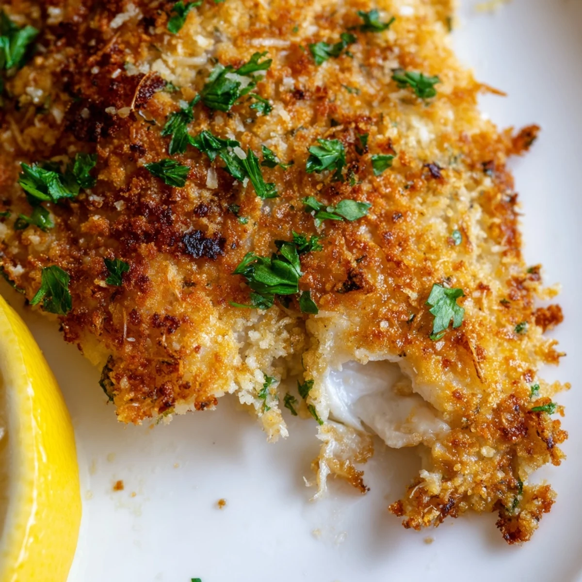 Air fried tilapia fillets with parmesan breadcrumb coating served with fresh lemon wedges