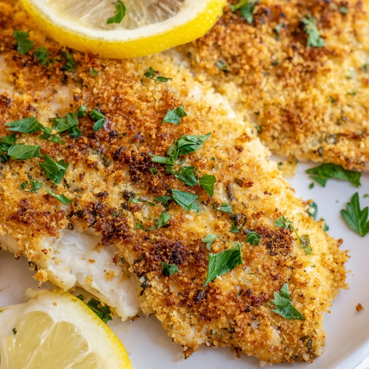 Golden brown tilapia crispy in the air fryer with a seasoned panko crust