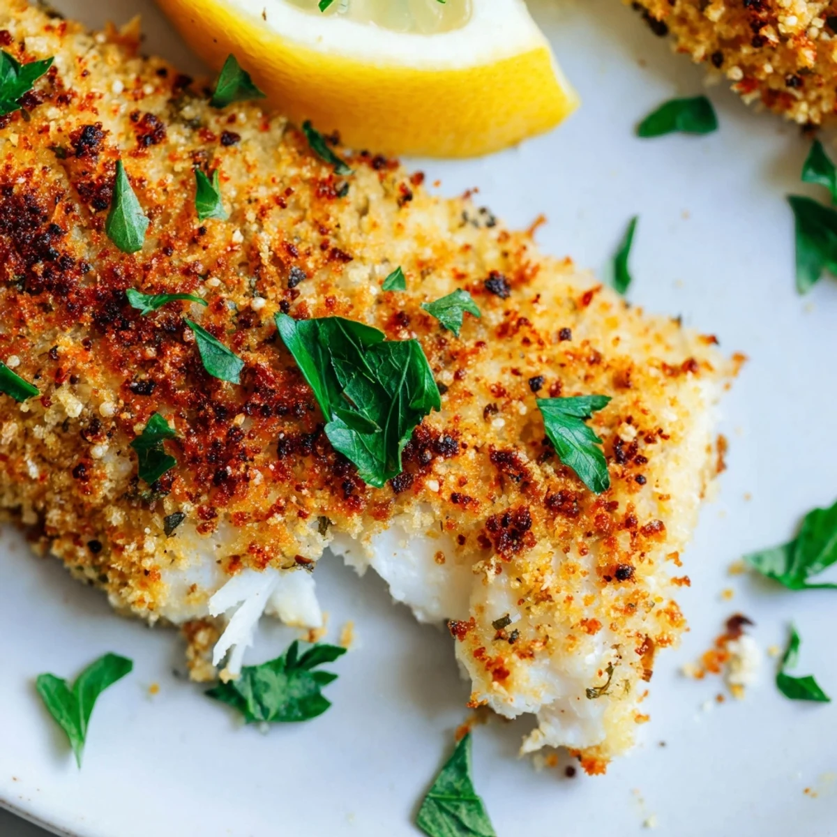 Crispy breaded tilapia cooked in air fryer garnished with parsley and lemon slices